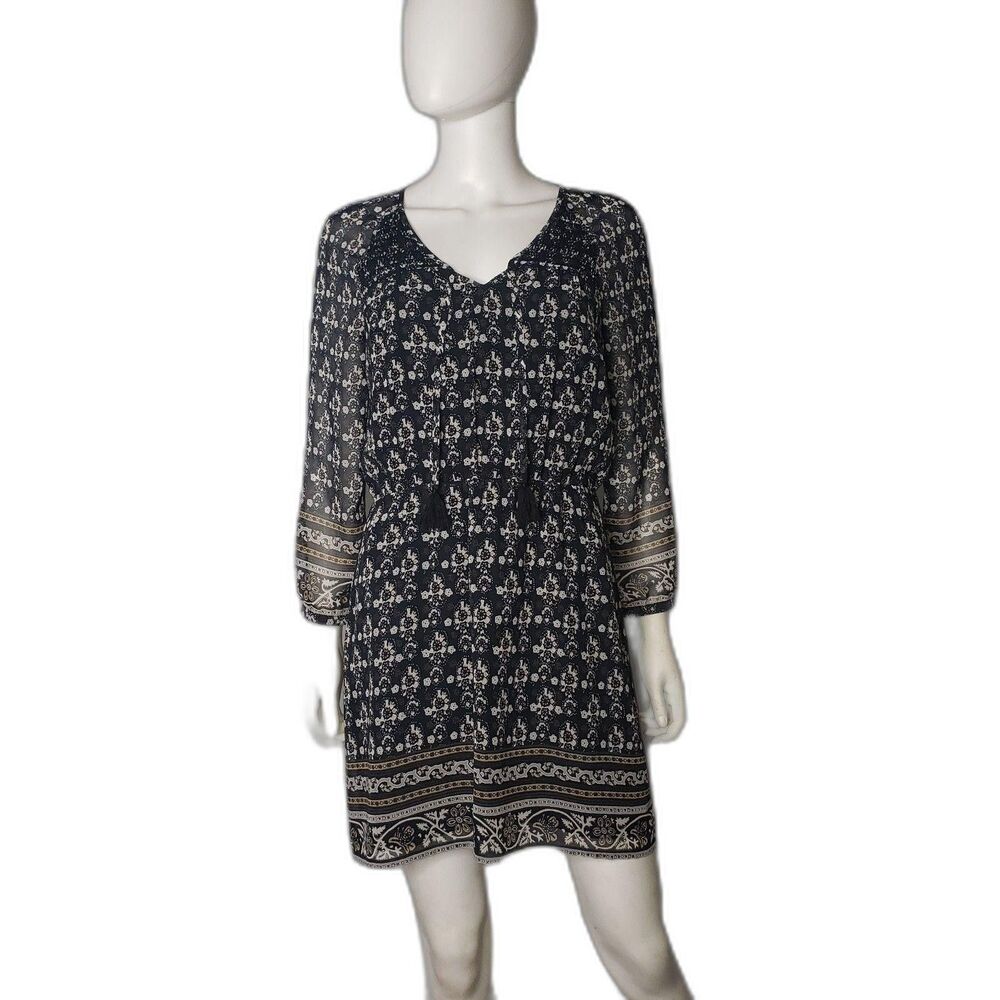 Madewell Dress Womens 0 Blue Floral Long Sleeve Boho Chiffon Tassel Shift